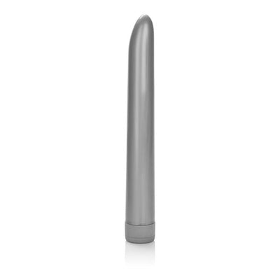 Sleek silver jumbo massager with tapered tip and dial control base for customizable vibration intensity.