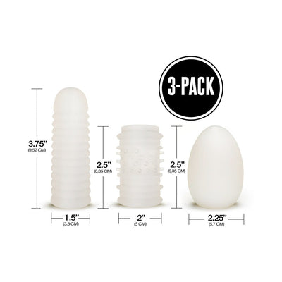 Set of three translucent textured pleasure sleeves with dimensions shown, labeled as a 3-pack.