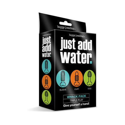 Packaging box for Just Add Water Whack Pack Triple Play featuring sleeve, cuff, and egg icons on a black background.