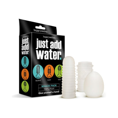 Just Add Water Whack Pack Triple Play with three translucent textured pleasure sleeves displayed next to black packaging box.