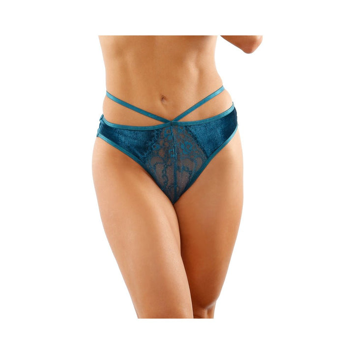 Teal velvet thong with strappy cut-outs and lace front detail, featuring a keyhole back design.