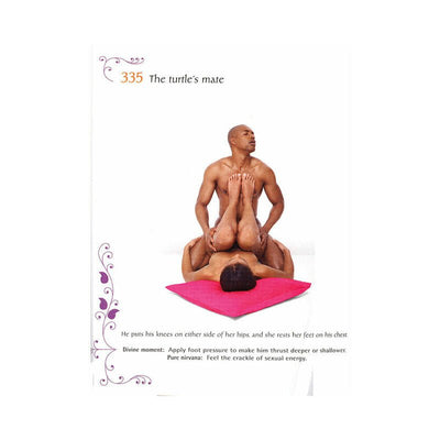 Couple demonstrating "The turtle's mate" position from Kama Sutra 365, with woman lying on back and man kneeling between her legs on a pink cushion.
