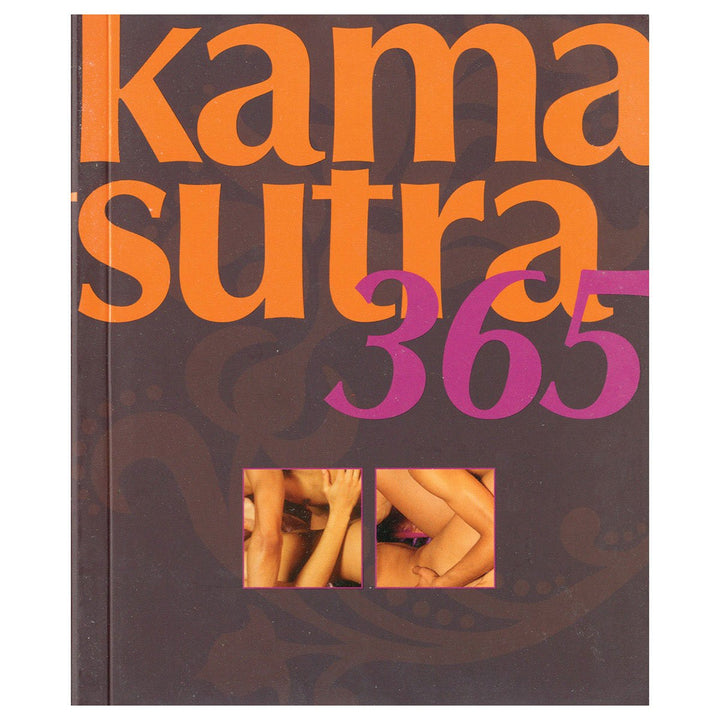 Cover of Kama Sutra 365 book featuring bold orange and purple text with two small intimate couple photos.