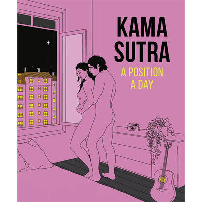 Illustrated book cover of Kama Sutra: A Position A Day showing a couple embracing in a cozy room with a guitar and open window at night.