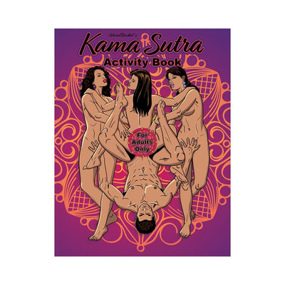 Cover of Kama Sutra Activity Book featuring illustrated adults in playful poses on a purple and orange decorative background.