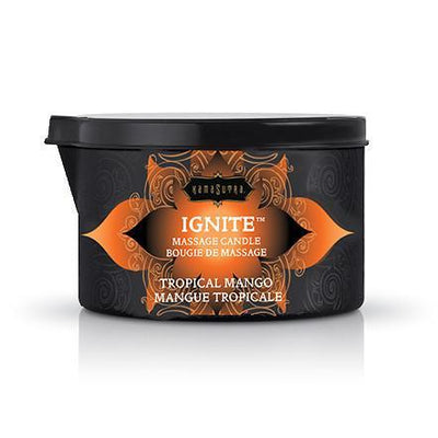 Kama Sutra Ignite Tropical Mango massage candle in a black tin with orange decorative label, 6oz size.