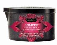 Kama Sutra Ignite Massage Candle 6oz in black tin with red decorative label, strawberry dreams scent.