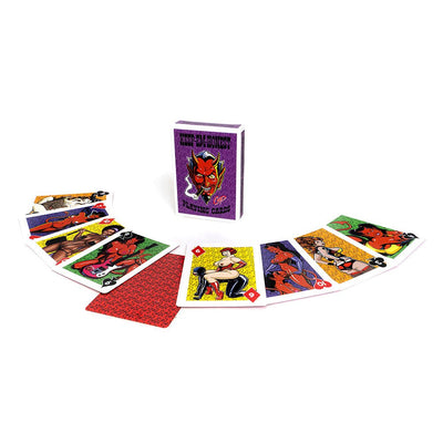 Keep-Em-Honest Playing Cards featuring colorful, artistic pinup and devil girl illustrations with a purple tuck box.