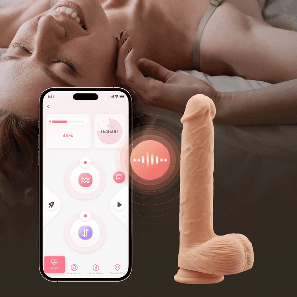 Ivory realistic 9.5-inch thrusting dildo vibrator next to smartphone displaying app control interface with woman smiling in background.