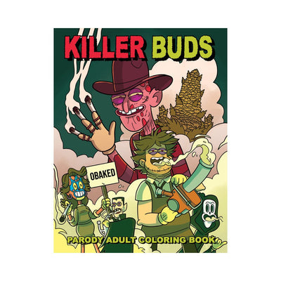 Cover of Killer Buds adult parody coloring book featuring stoned horror character cartoons and cannabis imagery.