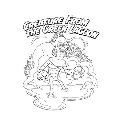 Black and white coloring page of a relaxed creature from the green lagoon standing in water with surrounding plants and smoke clouds.