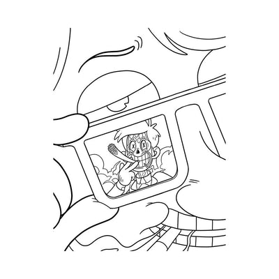 Close-up black and white line art of a person holding sunglasses reflecting a cartoon character with crossed-out eyes and a joint.