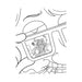 Close-up black and white line art of a person holding sunglasses reflecting a cartoon character with crossed-out eyes and a joint.