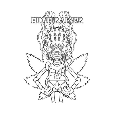 Black and white coloring page of a cartoon character with pins in head and cannabis leaves, titled Highraiser from Killer Buds Coloring Book.