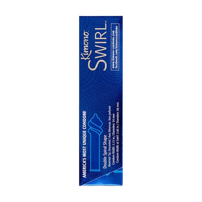 Blue box packaging of Kimono Swirl condoms featuring double spiral shape design, pack of 12 condoms.