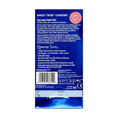 Back of Kimono Swirl Condom pack showing product details, features, and usage instructions on a blue background.