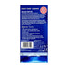 Back of Kimono Swirl Condom pack showing product details, features, and usage instructions on a blue background.