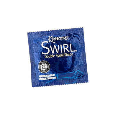 Blue Kimono Swirl condom packet featuring double spiral shape design and quality seal