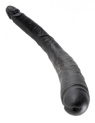 Black 16-inch tapered double-ended dildo with realistic texture and detailed veining.