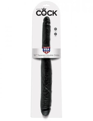King Cock 16-inch tapered double-ended dildo in black with realistic texture, packaged in branded white backing card.