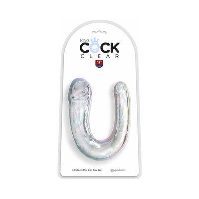 King Cock Clear Medium Double Trouble translucent double-ended dildo in U-shape with realistic detailing in retail packaging.