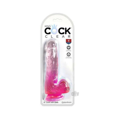 King Cock Clear 6-inch translucent dildo with suction cup base in pink packaging.