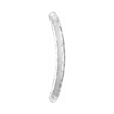 Clear flexible double-ended dildo with realistic veined texture and defined heads on both ends.