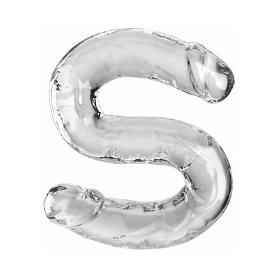 Clear double-ended flexible dildo with realistic detailing and an S-shaped design for versatile use.