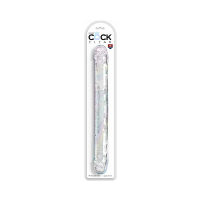 Clear flexible double-ended dildo in transparent packaging with King Cock branding and 18-inch size label.