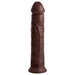 Dark brown 11-inch dual-density silicone dildo with realistic texture and wide suction cup base.