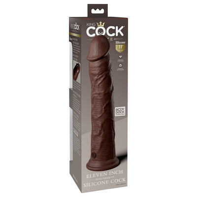 Packaging of King Cock Elite 11-inch dual-density silicone dildo in dark brown with suction cup base and lifelike texture.