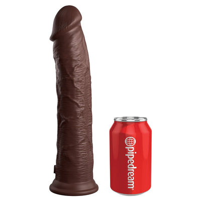 Dark brown lifelike silicone dildo with detailed texture and suction cup base next to a red Pipedream soda can for size comparison.
