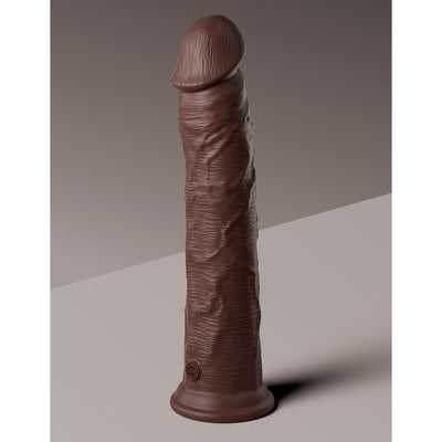 Realistic dark brown silicone dildo with detailed texture and suction cup base standing upright on a neutral background.