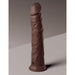 Realistic dark brown silicone dildo with detailed texture and suction cup base standing upright on a neutral background.