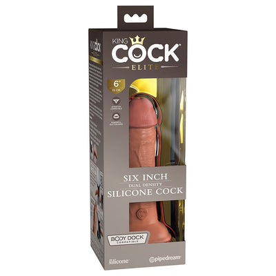 King Cock Elite 6-inch dual-density silicone dildo in realistic skin tone with suction base, displayed in branded packaging.