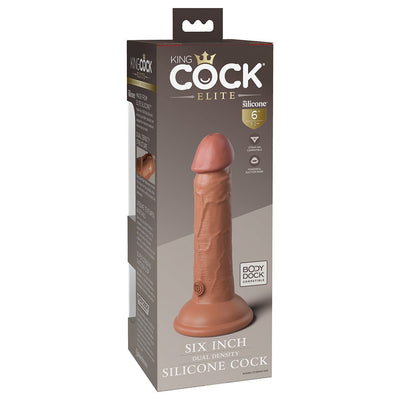 Packaging box of King Cock Elite 6-inch dual-density silicone dildo with suction base and Body Dock compatibility.