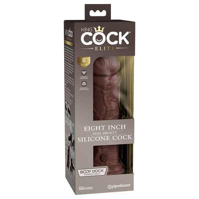 King Cock Elite 8-inch dual-density silicone dildo in brown with suction base, displayed in branded packaging.