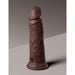 Realistic 8-inch dual-density silicone dildo in rich brown with detailed texture and suction cup base for hands-free use.