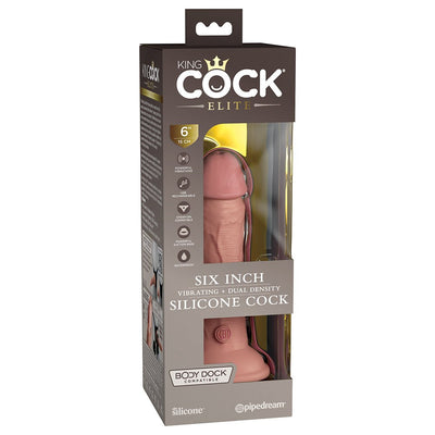 King Cock Elite 6-inch vibrating dual-density silicone dildo in retail packaging with clear window and product features.