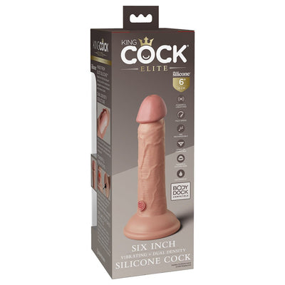 Packaging of King Cock Elite 6-inch vibrating dual-density silicone dildo with suction base and USB rechargeable features.