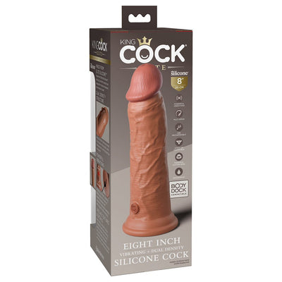 Packaging of King Cock Elite 8-inch vibrating dual-density silicone dildo with suction base and USB rechargeable features.