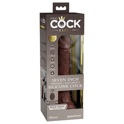 Packaging of King Cock Elite 7-inch vibrating dual-density silicone dildo with remote, compatible with Body Dock harness.