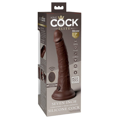 Packaging of King Cock Elite 7-inch vibrating dual-density silicone dildo with remote in dark brown color.