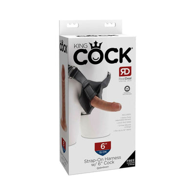 Packaging box of King Cock Strap On Harness with 6-inch lifelike dildo and adjustable black harness displayed on mannequin.