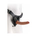 Black adjustable strap on harness fitted with a 7-inch beige realistic dildo on a white mannequin.