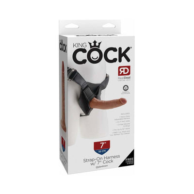 Packaging of King Cock 7-inch beige strap-on harness with adjustable black vinyl straps and lifelike dildo.
