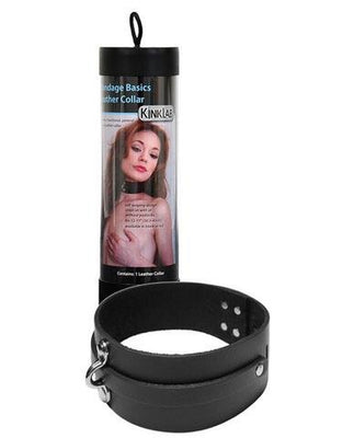 Kinklab Bondage Basics leather collar with metal hardware displayed next to its protective plastic storage tube.