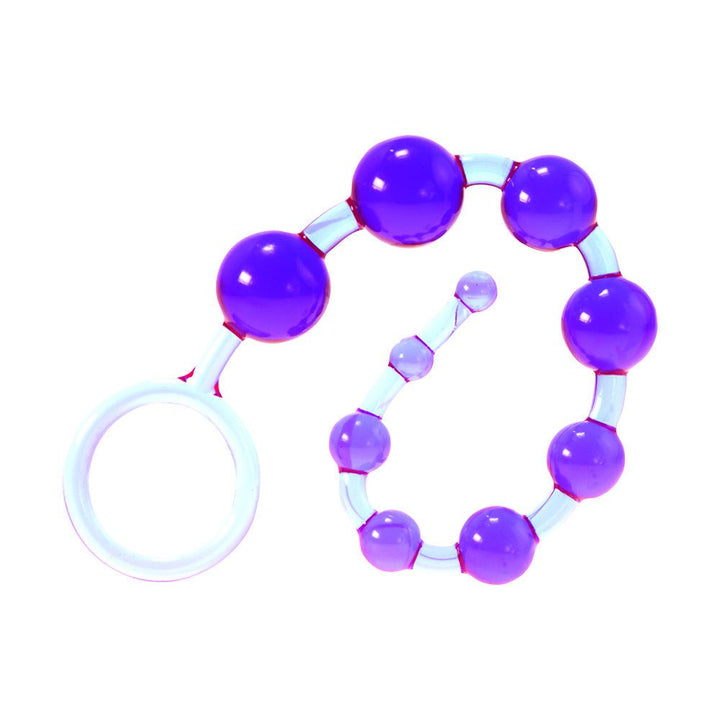 Violet flexible anal beads with graduated sizes and a circular handle for easy control.
