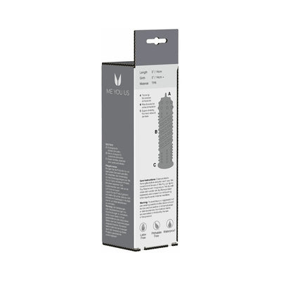 Packaging box for Kinx Orgasma Sleeve Clear Os showing product features and care instructions on a white background.