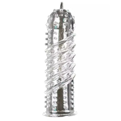 Clear textured Orgasma sleeve with spiral ribs and raised nubs for enhanced stimulation, made of stretchy, skin-safe rubber.